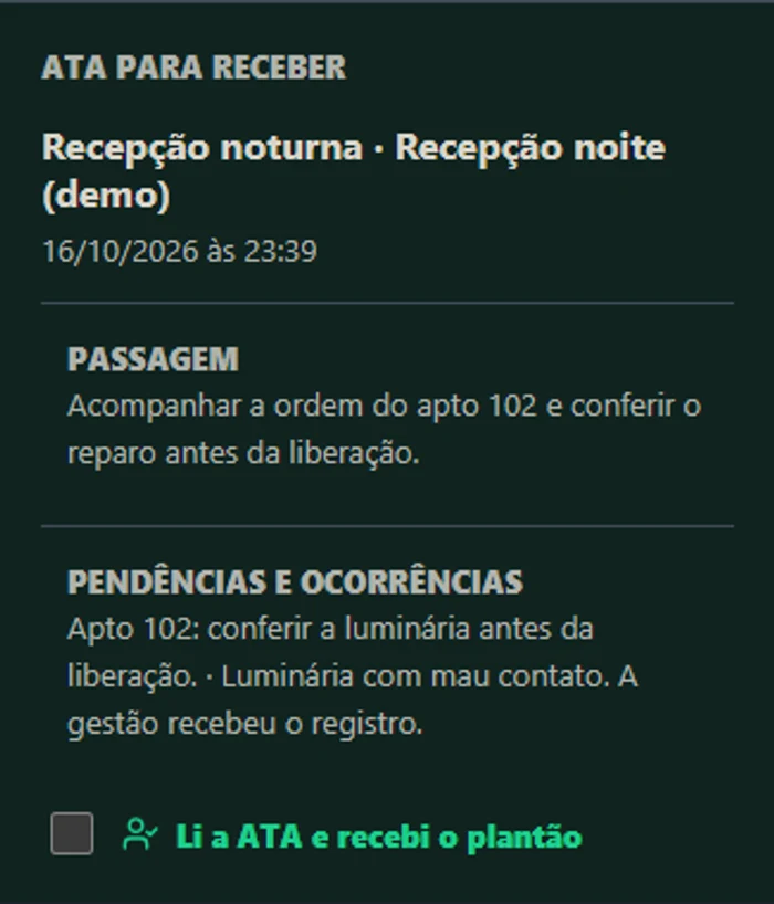Tela real do Óspera com a ATA para receber, usando dados de demonstração.